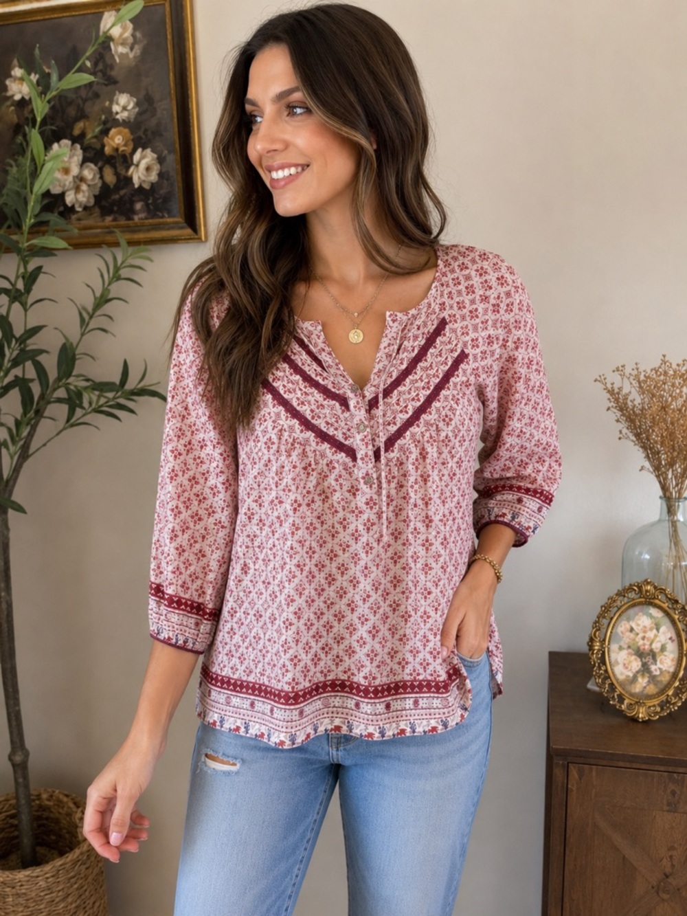 Dolled Up by FANG Boho Peasant Blouse Pink Burgundy Print Size Medium